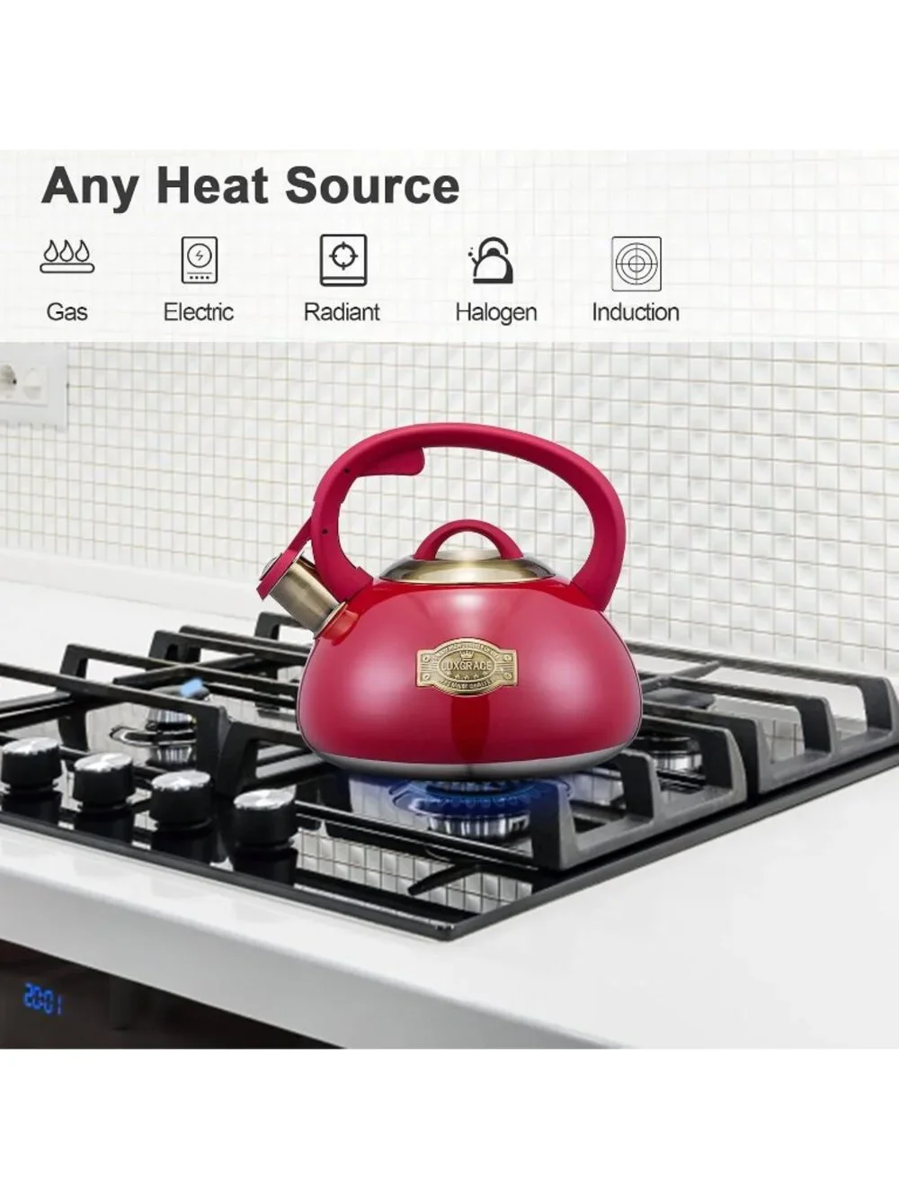 Red Kitchen Whistling Tea Kettle 2.2 Quart Stainless Steel Stovetop Induction